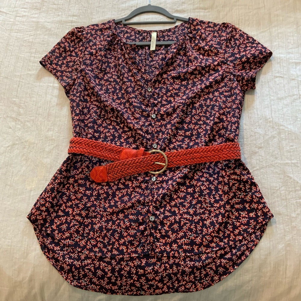 Navy Printed Button-Down with Belt